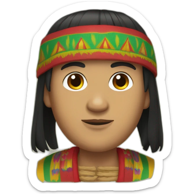 A shaved Inca man, neck-length black hair, wearing a red headband, wearing a poncho (with yellow, green and red lines) sticker