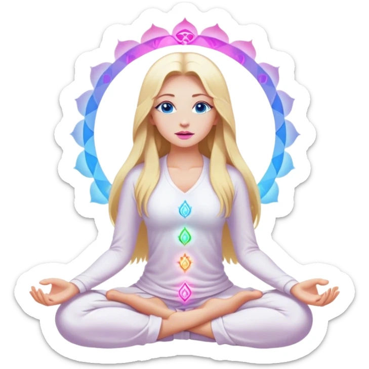 A cinematic realistic blonde with long hair, blue eyes, pink lips in white clothes meditates, her chakras glow sticker