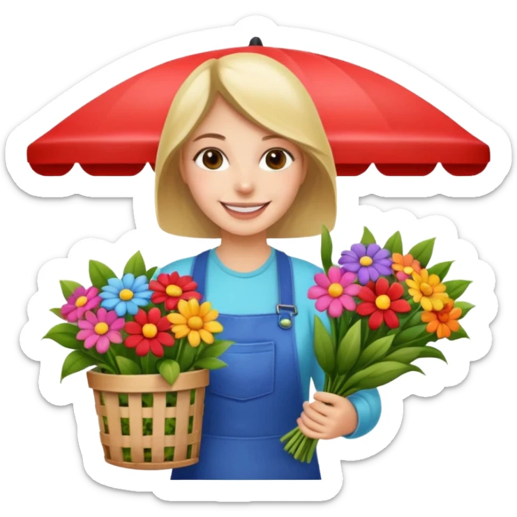 Shopper with flower bouquet,Farmers’ Market, background Flowers cart. sticker