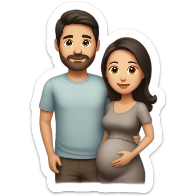 Latin pregnant woman with dark brown medium-long hair and a husband with short dark brown haircut without a mustache or beard sticker