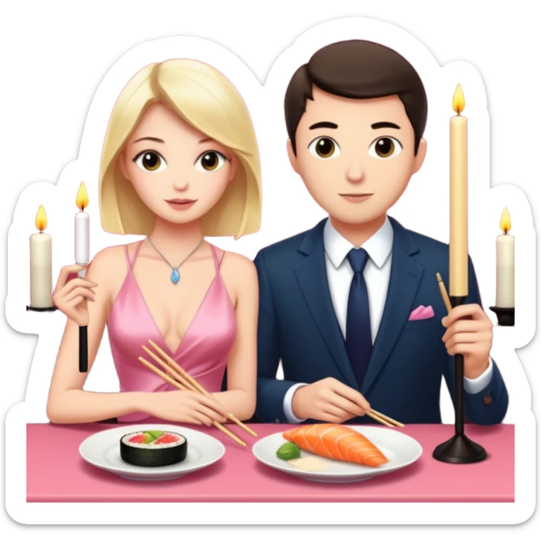 realistic photo of Alex Warren with a beautiful  victoria secret model on a candle lit sushi date sticker