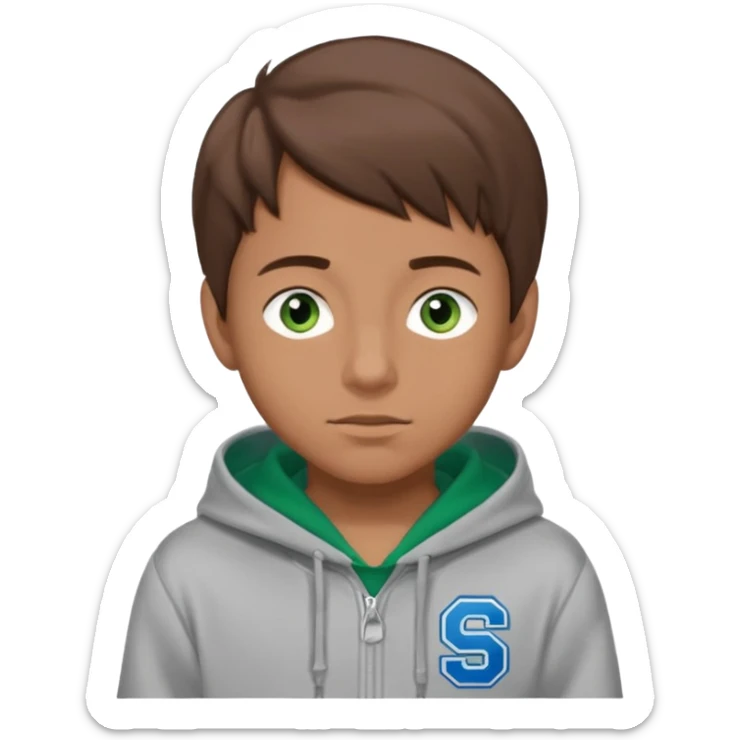 A boy with brown hair and blue eyes and a gray hoodie with green varsity text that says "STURNIOLO" sticker