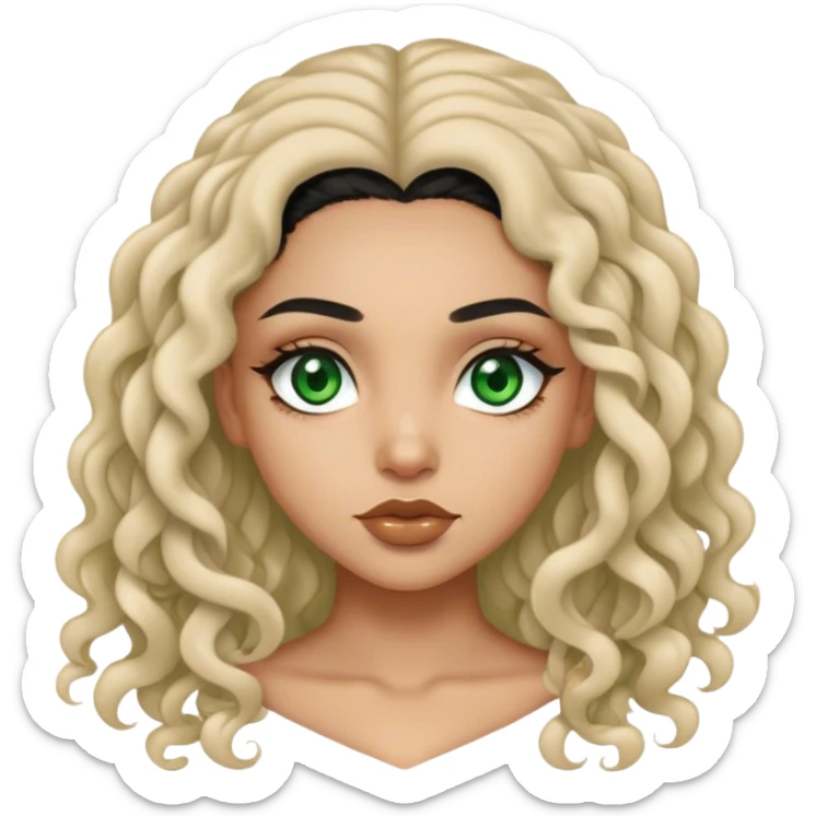 light skin girl , with long curly black hair , green eyes and straight brows sticker