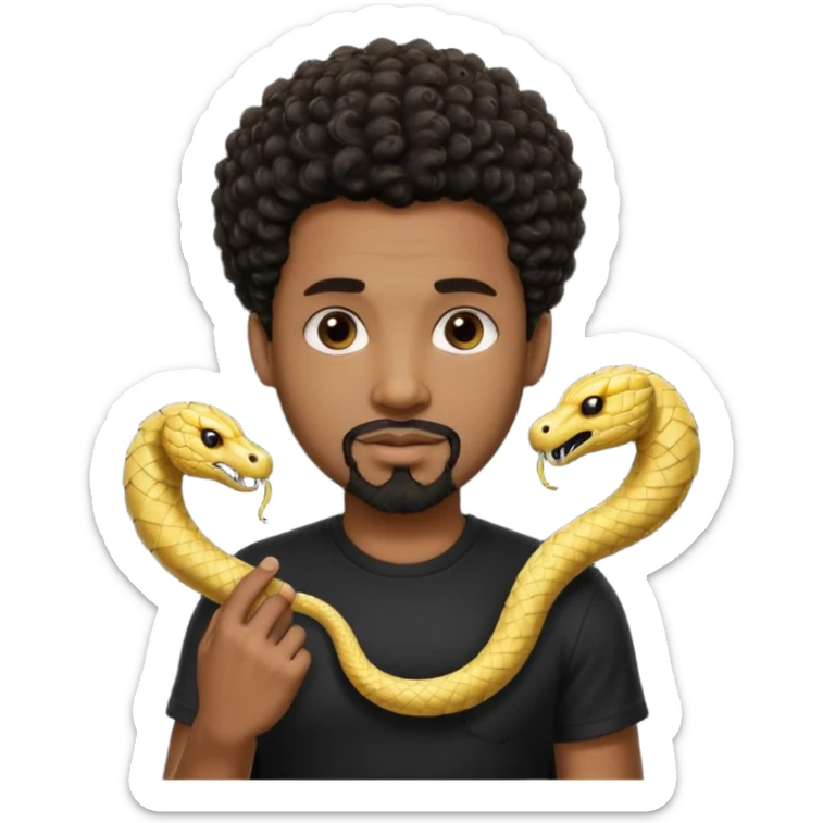 Homme noir de peau,  yeux marron avec un bouc pas de  moustache, cheveux noir court et bouclé crépus avec un dégradé sur le côté, avec un cobra à côté , t-shirt noir  sticker
