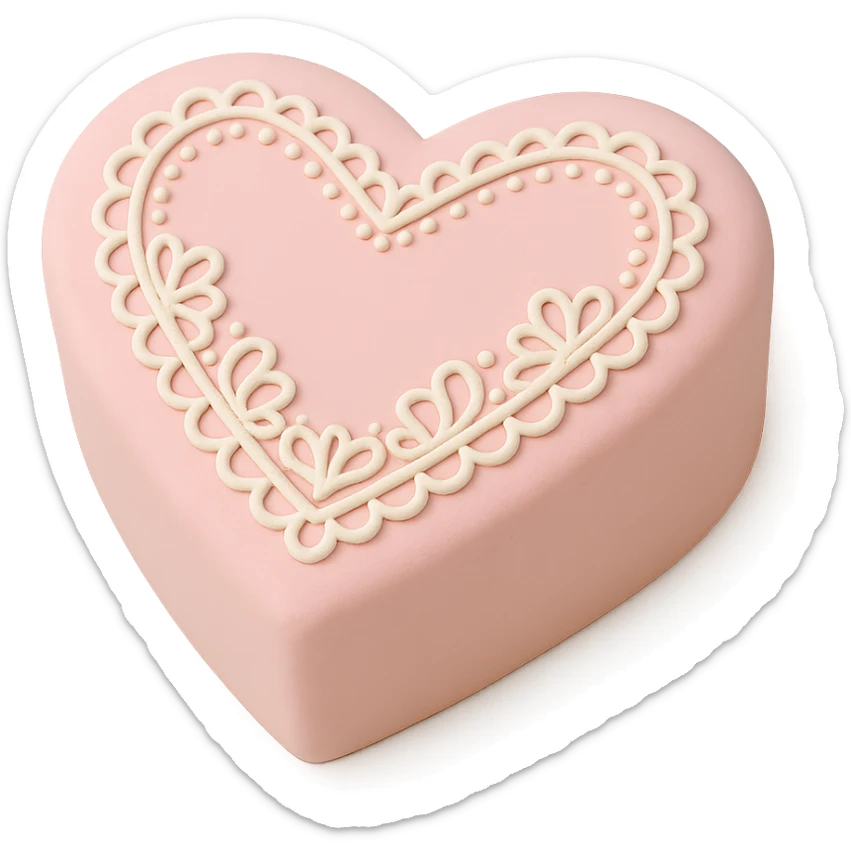 heart-shaped fondant cake with lace piping, transparent background sticker