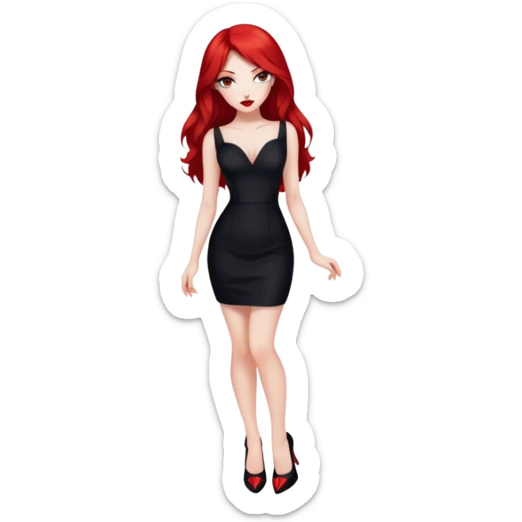 a pretty woman with long red hair and red eyes. The woman wear a black little cutted dress. She have red lipstick and she have a seductive look. She wear black heels sticker