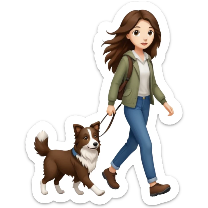 A beautiful girl with long brown hair walks a Border Collie sticker