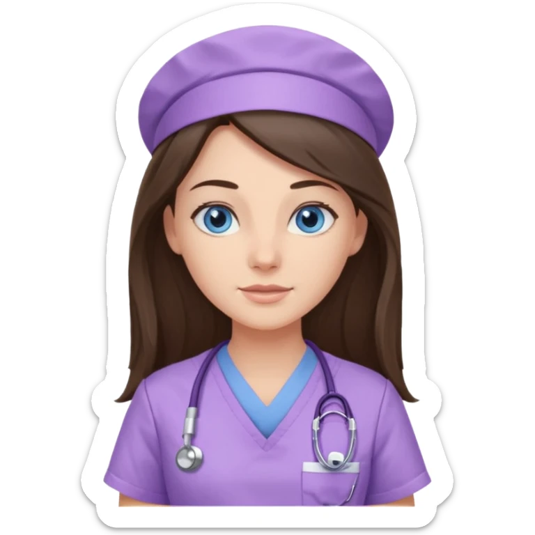 pretty brunette nurse with long hair and blue eyes in lilac scrubs sticker