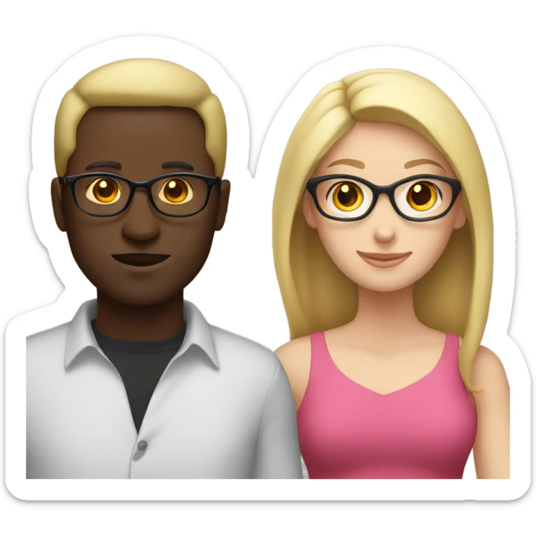 white woman no glasses long blonde  wearing a pink dress standing with a black guy with glasses wearing a red shirt sticker