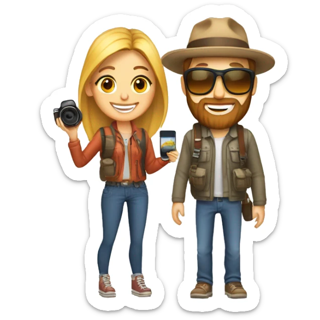 Create an emoji of couple travellers who love road trip and female has a dslr in hand. Both are young and guy has style beard sticker