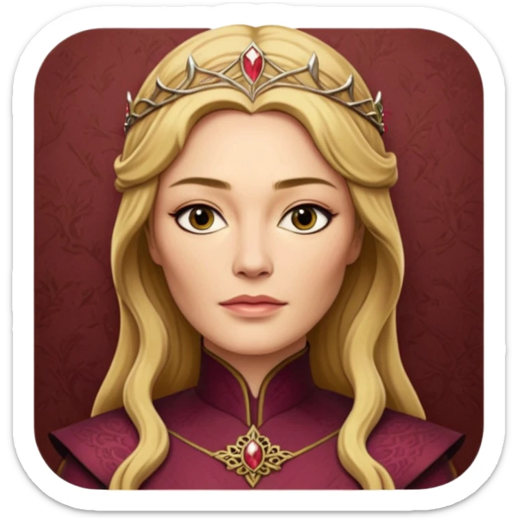 Cinematic Realistic Cersei Lannister Portrait, depicted with lifelike skin texture, subtle rosy undertones, and soft natural lighting that enhances the gentle contours of her face. Her intricately detailed golden blonde hair is elegantly styled , sticker