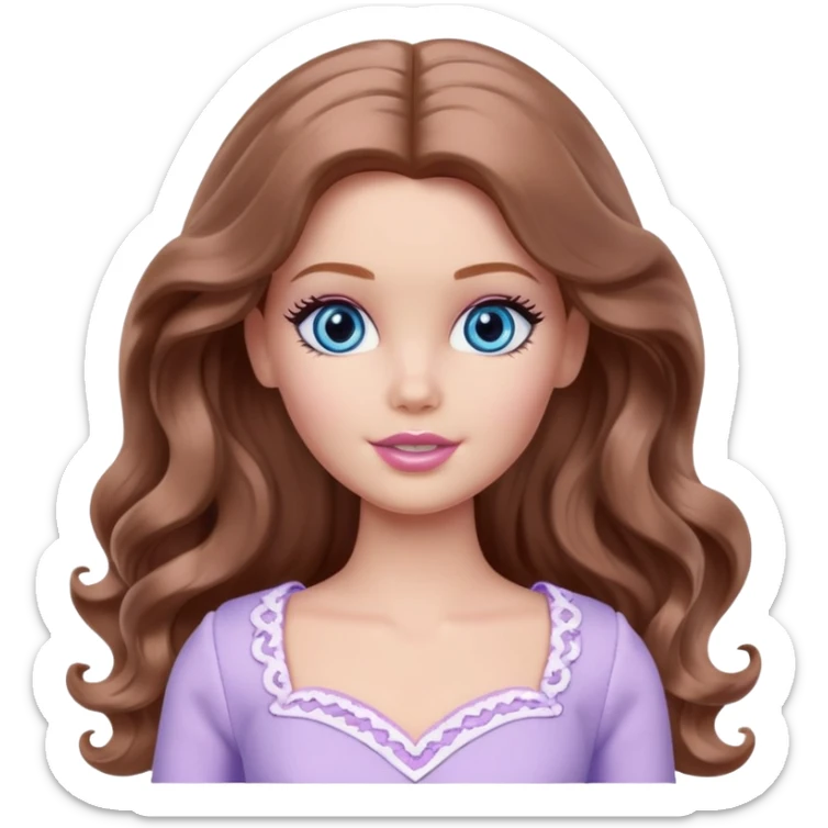 Barbie girl Chestnut long wavy hair and blue eyes is In pale purple clothes There are grey hearts above the head sticker
