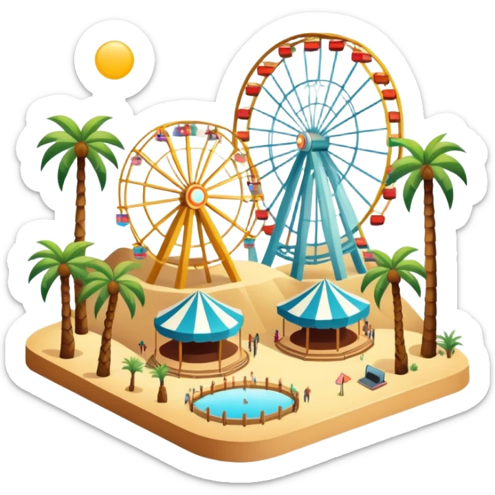 Coachella music festival with palm trees, ferris wheel, and concert stage in the desert sticker
