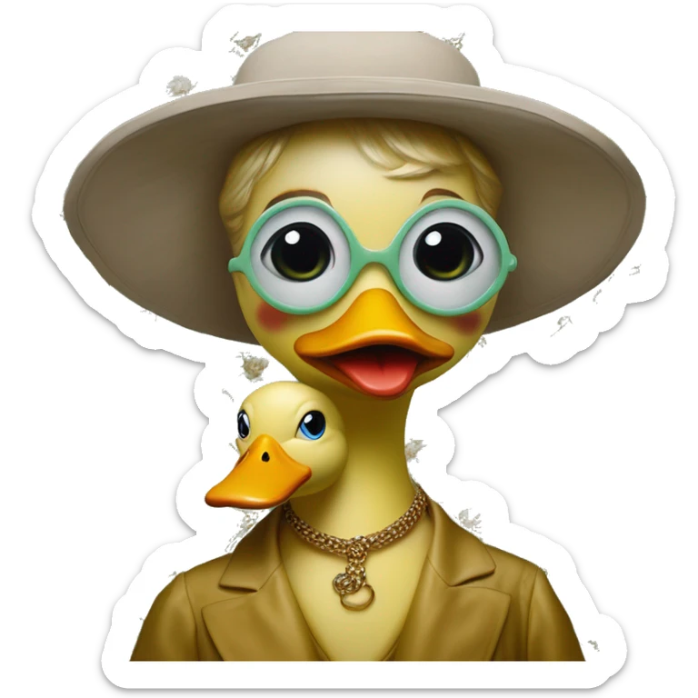 Rubber duck in Gucci style, oil paint, mysterious eyes, intricate lips, masterpiece portrait , odd perspective, beautiful, desirable, logical sticker