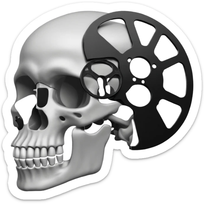 Minimalist emoji-style sticker of a human skull in profile, with a film reel replacing the brain. Grayscale icon with bold silhouette.
 sticker