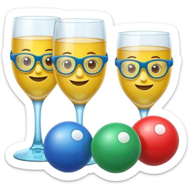 Cute 3D cartoon emoji sticker of a plastic glass-and-ball game with three glossy plastic glasses (blue, green, red) and a yellow ball. Soft lighting, smooth shadows, playful look, white sticker outline, transparent background, high resolution.” sticker