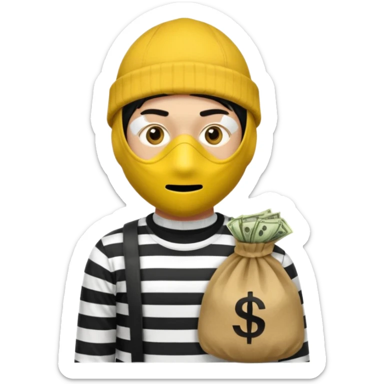 yellow robber wears black eye mask, black beanies and black and white stibes shirt with one brown money bag beside him sticker