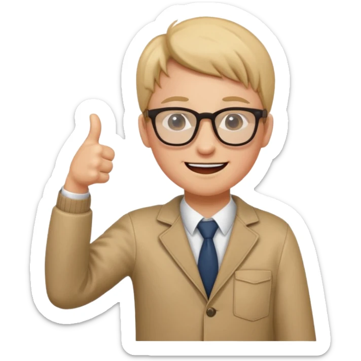 un estudiante que este parado con sus lentes guiñando el ojo y CON LAS MANOS HACIA ARRIBA DANDO LIKE sticker