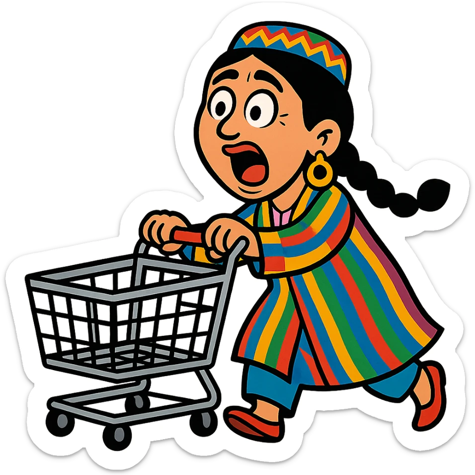 cartoonish Uzbek woman with a shopping cart, exaggerated emotions sticker