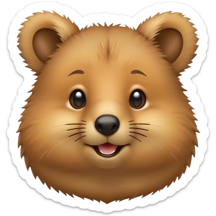 Cinematic Cute Quokka Portrait Emoji, Head tilted playfully and inquisitively, featuring a fluffy, round face with a naturally cheerful grin and bright, sparkling eyes full of playful curiosity, Simplified yet irresistibly adorable features, highly detailed, glowing with a warm, friendly glow, high shine, affectionate and spirited, stylized with a touch of Aussie whimsy, bright and endearing, soft glowing outline, capturing the essence of a mischievous yet loving quokka, so playful it feels like it could scamper out of the screen and into your arms! sticker