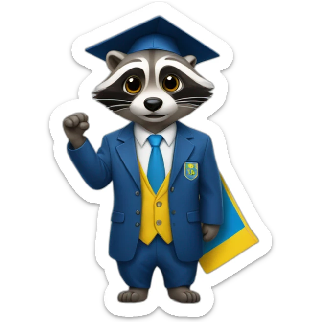 A raccoon student in a suit in the color of the Ukrainian flag in a square academic cap sticker