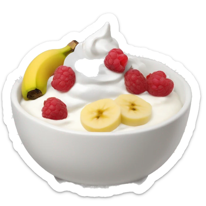 an aesthetic yougurt bowl with banana,rasberries,greek yogurt, and some hiney sticker