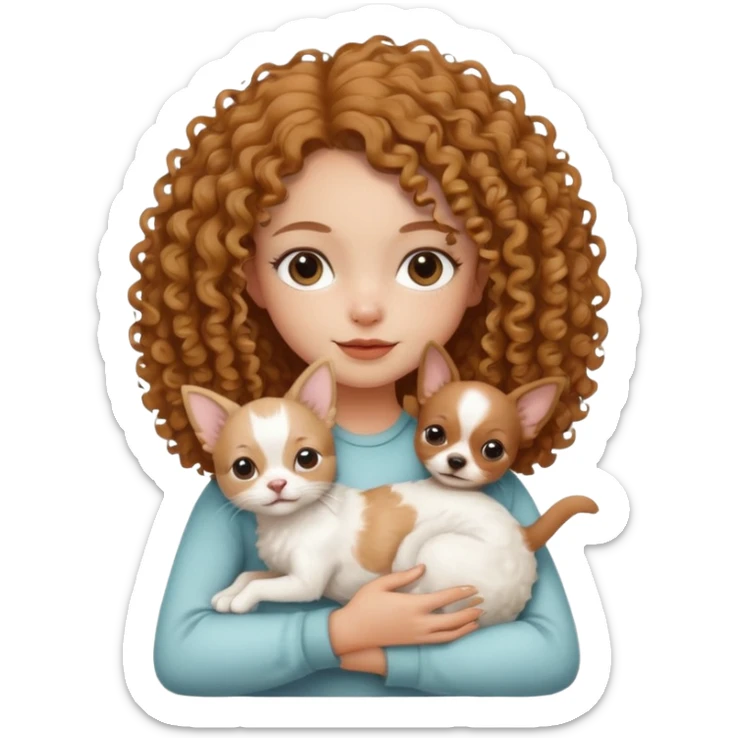 À Girl with curly haut holding a with cat and a chihuahua in her harms  sticker