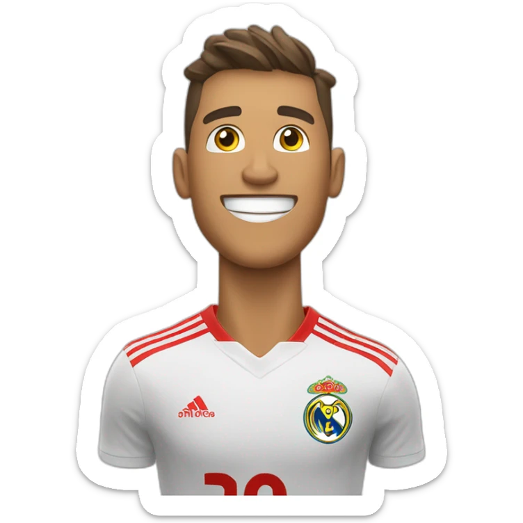 Design an emoji showcasing a joyful footballer, akin to Cristiano Ronaldo, gleefully snapping photos with a camera, embodying the excitement of capturing memorable moments on the field. sticker