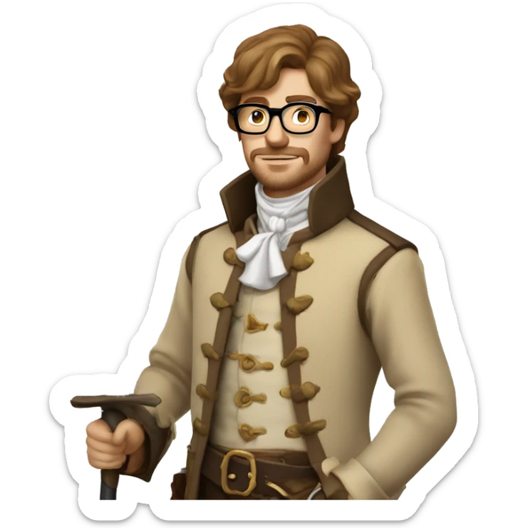 Musketeer man beige jacket short brown hair garden glasses sticker
