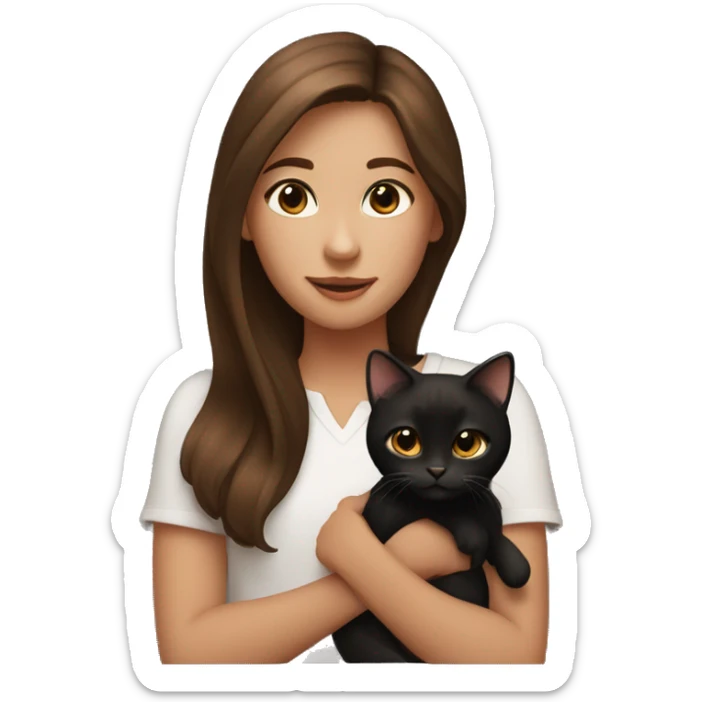a girl with brown medium length hair holding a black and brown cat sticker