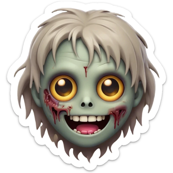 Cinematic Cute Zombie Portrait Emoji, with a delightfully quirky, slightly disheveled face in muted ashen hues, featuring quirky bright eyes and a playful, stitched-together smile, simplified yet irresistibly charming, highly detailed with a soft glowing outline that captures the adorable, offbeat spirit of a zombie who’s more cute than creepy! sticker