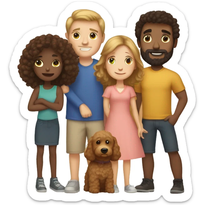white mom and dad with brow hair, one little boy with brown hair, one girl wth brown hair, and a golden doodle sticker