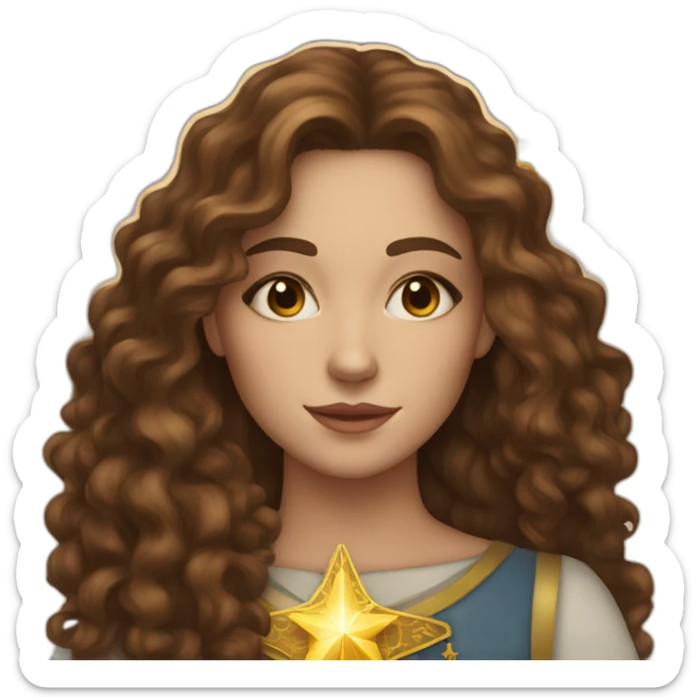 white young woman with long brown curls and a tarot card that have a golden star on it sticker