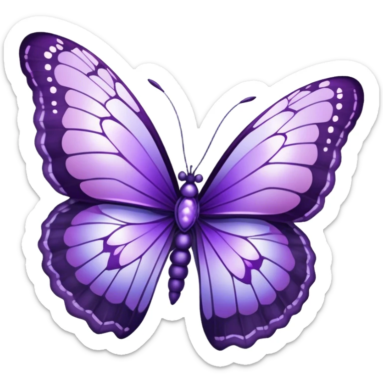 "A majestic butterfly in shades of purple, with intricately detailed wings featuring a mesmerizing pattern resembling delicate lace. The wings shimmer with an iridescent glow, reflecting hues of amethyst and lilac. The butterfly hovers gently above a field of blooming lavender, surrounded by tiny dewdrops glistening in the morning sunlight. A soft-focus background creates a dreamy atmosphere, emphasizing the elegance and ethereal quality of the butterfly."
 sticker
