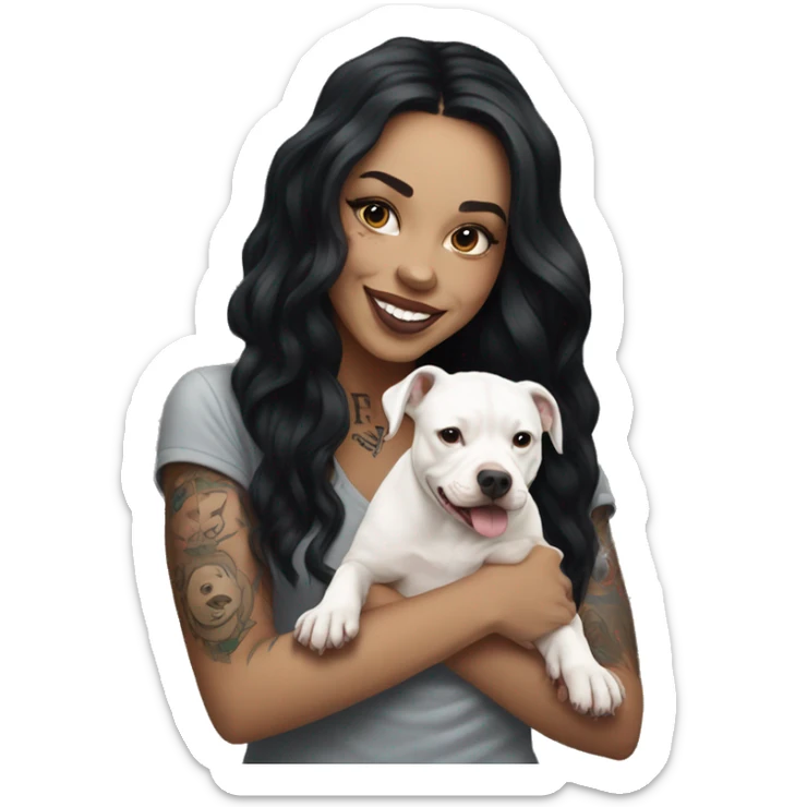 light skin woman with a face tattoo of a cross and long wavy black hair expressing joy alongide a white miniature pitbull  sticker