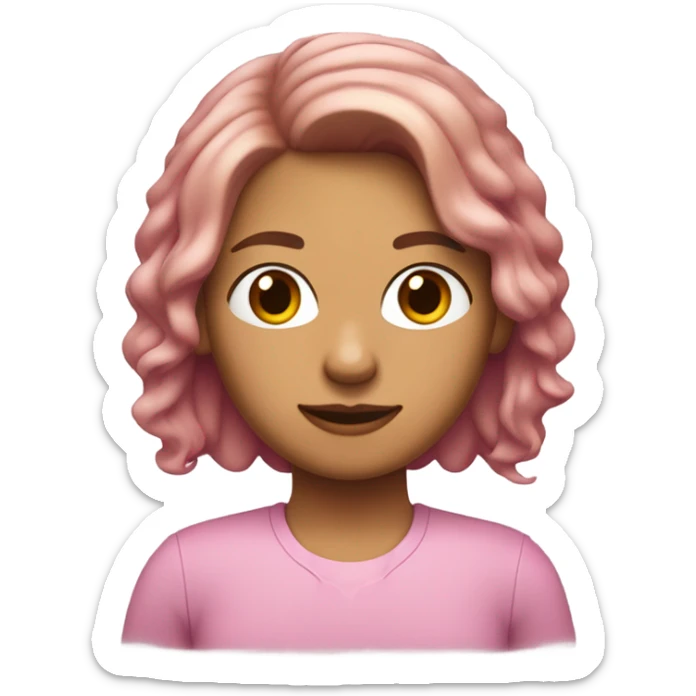 Chica de piel blanca con el pelo castaño, corto hasta los hombros y ondulado, con camisa rosa y moños en el cabello  sticker