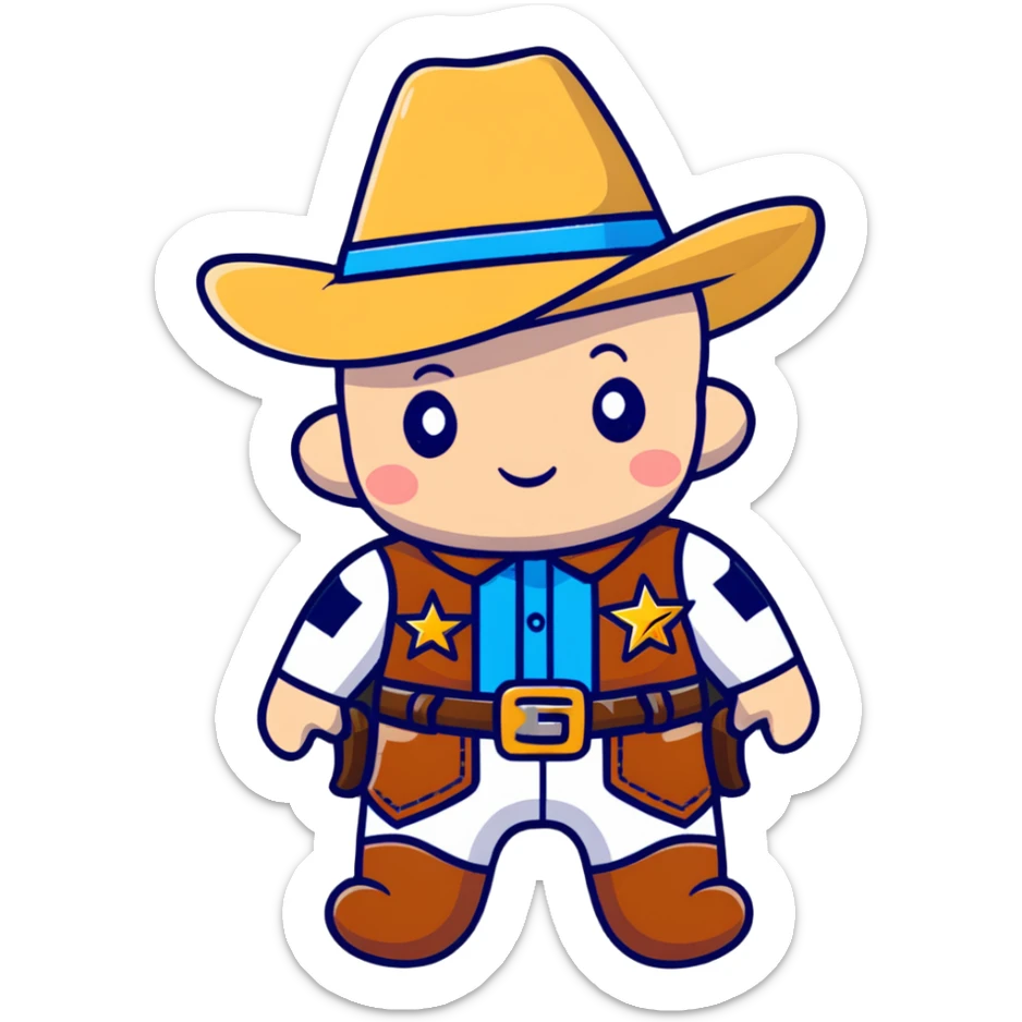 A cartoon stuffed baby cowboy toy with star-shaped patches and a little sheriff badge sticker