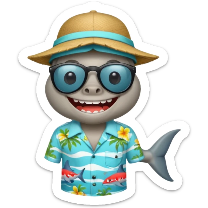Tiburón de pie con camisa hawaiana, lentes negros, y una gorra al revés sticker
