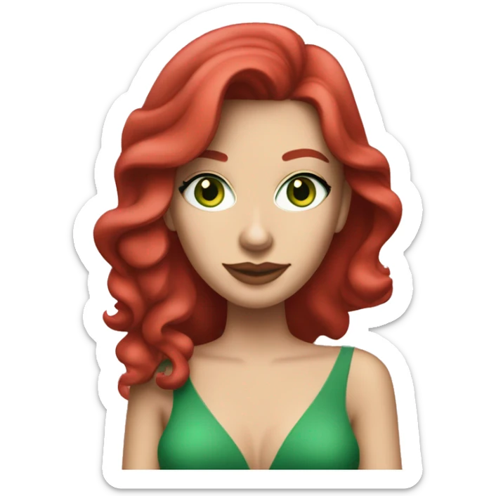 White caucasian woman in her 20s with red layered hair green eyes freckles wearing a red dress and holding a pink martini glass sticker