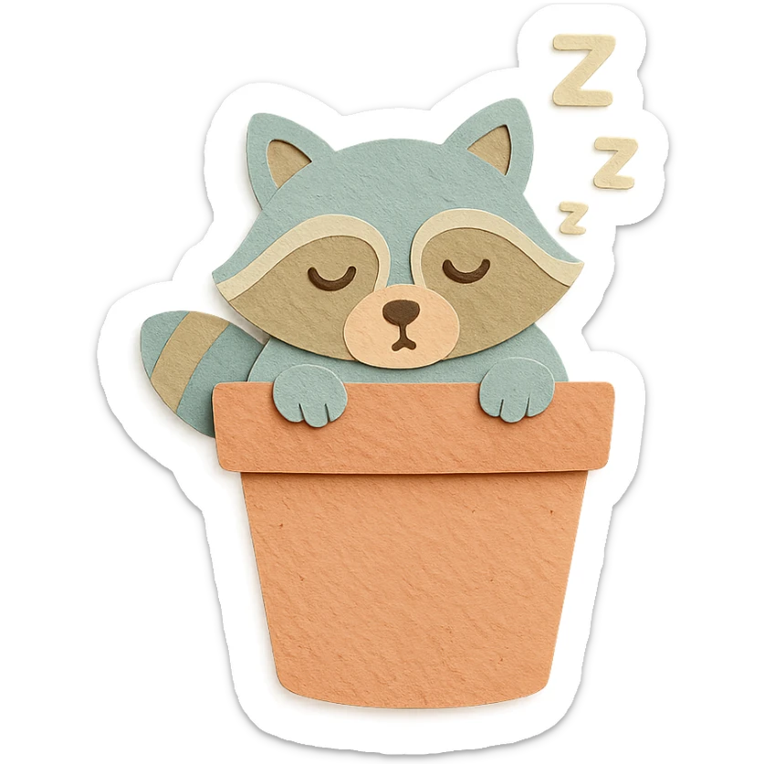 sleepy raccoon inside a flower pot, pastel earthy colors, paper craft style sticker