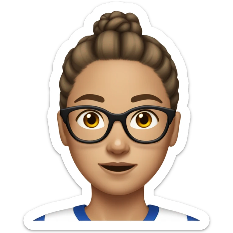 a teenage girl, brown hair in a bun, glasses, wearing sports kit, with freckles sticker