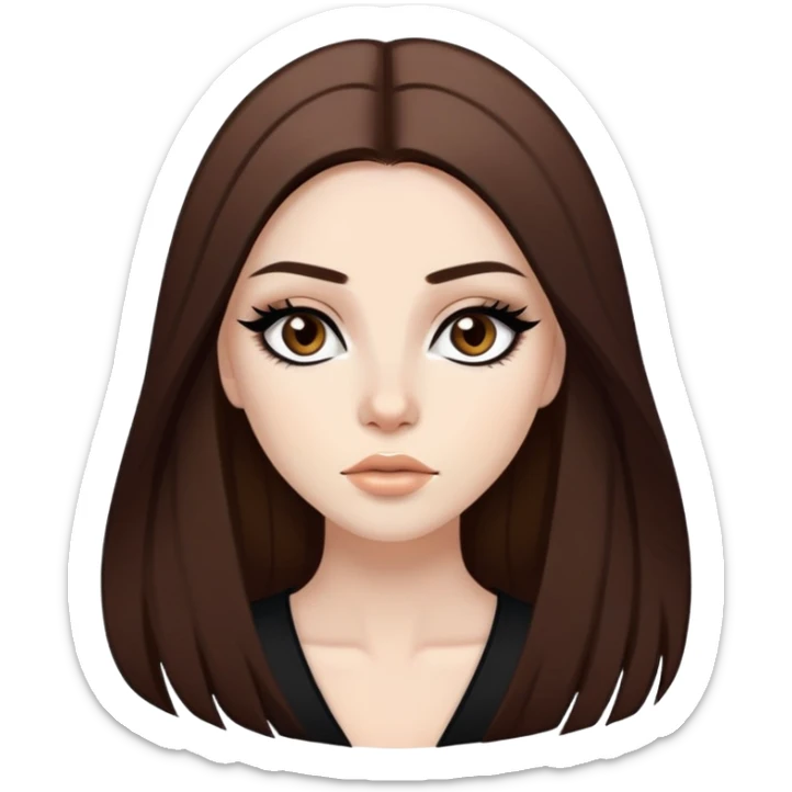 pretty baddie, brown straight hair, pale skin, long hair, dark brown eyes, bold black eyeliner sticker