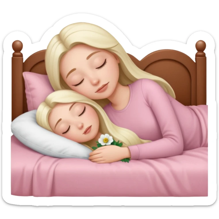 White girl long hair sleeping in her light pink bed cuddling with her white poppy sticker