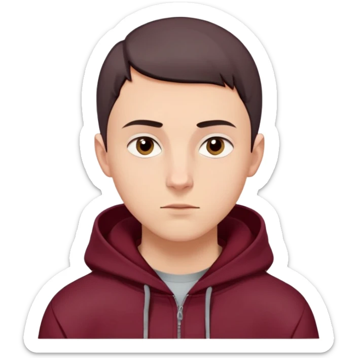 young white European male with short buzzcut dark hair, smooth clear skin, wearing a maroon hoodie with the hood up, oval-shaped face, defined jawline, high cheekbones, symmetrical features, sharp focused eyes, straight prominent eyebrows, calm neutral expression sticker