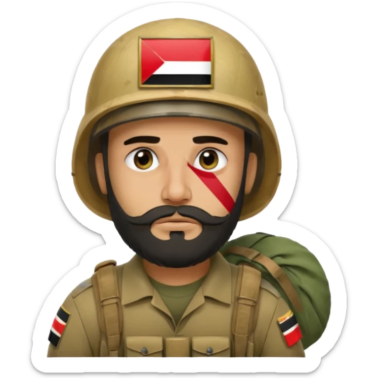 A very tired and sad, swarthy Iraqi soldier with a beard, an Iraqi flag on his helmet, a sad expression and bags under his eyes sticker