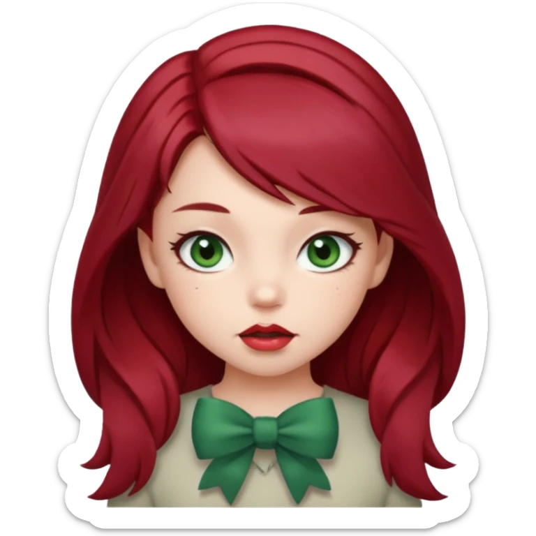A cute girl biting her lip with a bow in her hair. Dark red hair and gray green eyes sticker