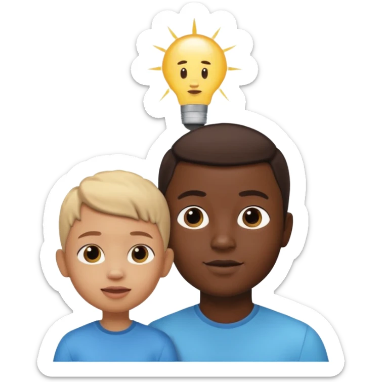 A 3D cartoon child looking up at a tall adult, white background, friendly expression, Memoji-style. sticker