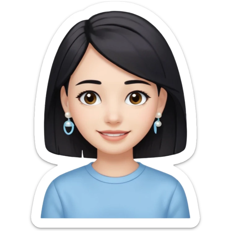  emoji of a smiling girl with a long bob haircut in black-brown color, fair tan skin, soft black eyebrows, and brown eyes. She's wearing a pastel blue shirt, has pearl earrings, and white clean hair clips. Her look is fresh and minimal clean girl aesthetic. Use a white background, sticker