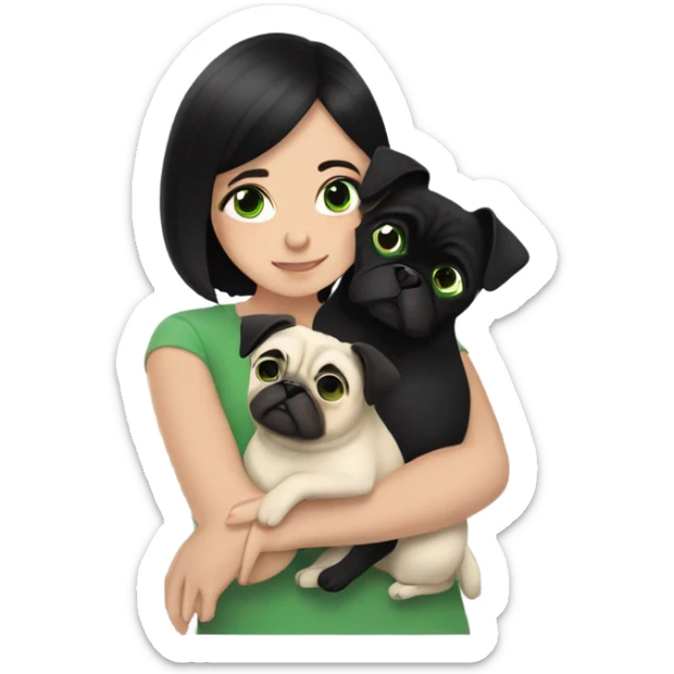 girl with black hair and green eyes cuddling two pugs  sticker