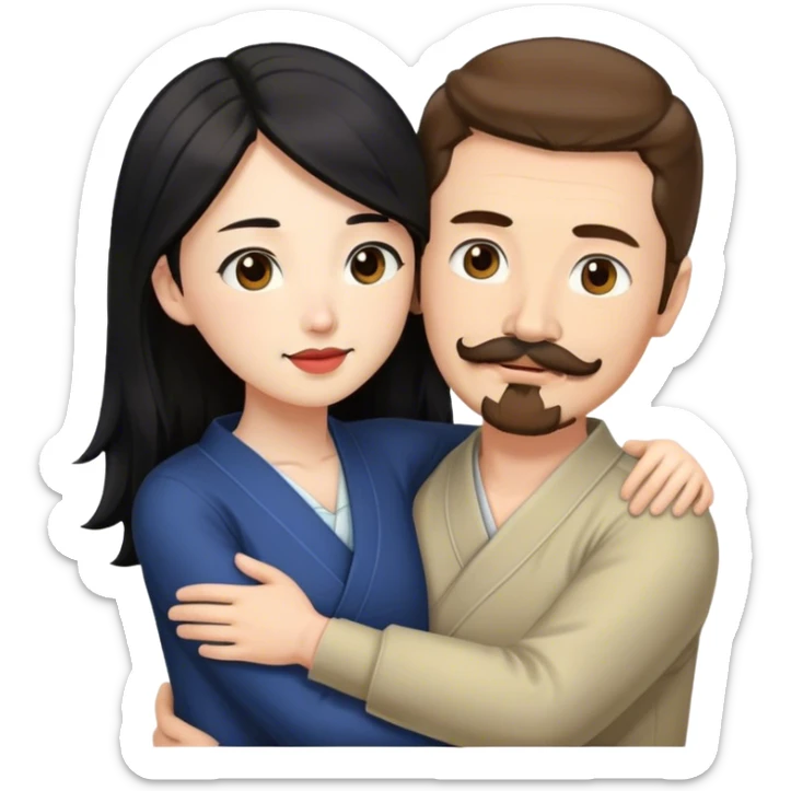 tall white man with brown hair goatee mustache hugging a japanese woman with long black hair sticker